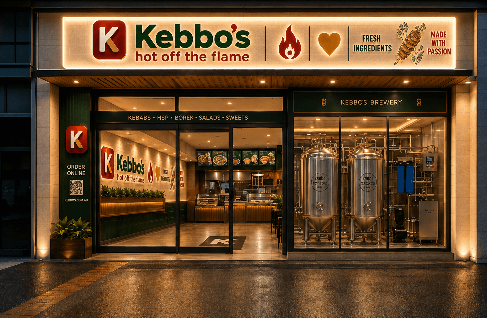 The façade explains the offer before the door opens.