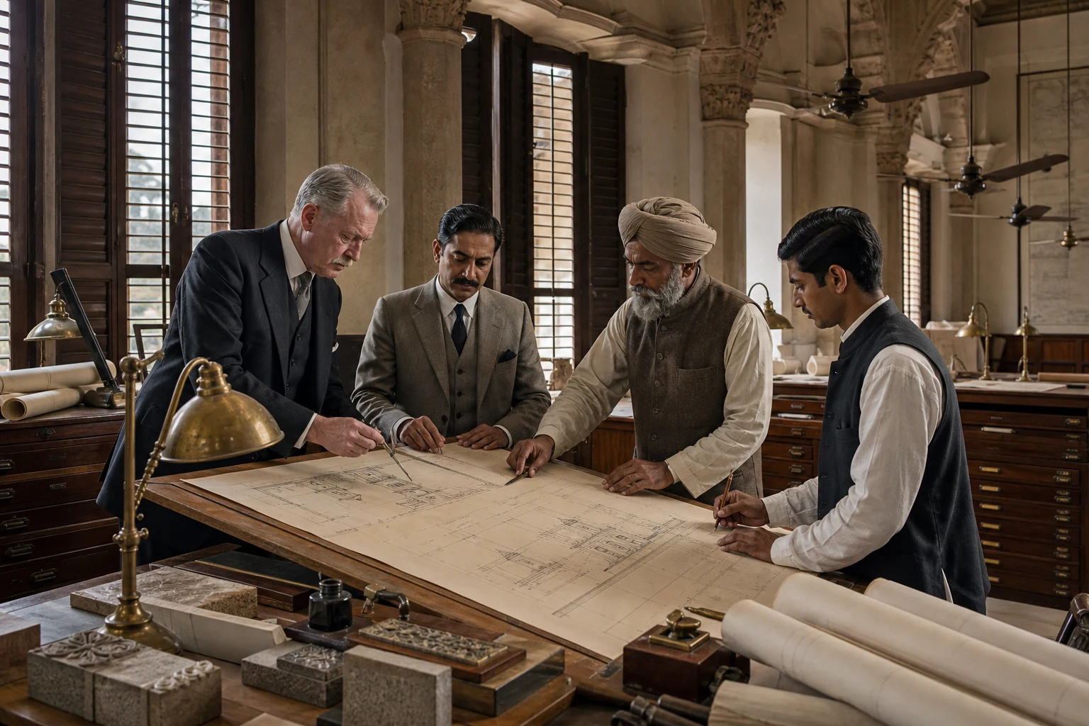 Imagined British-era drafting room