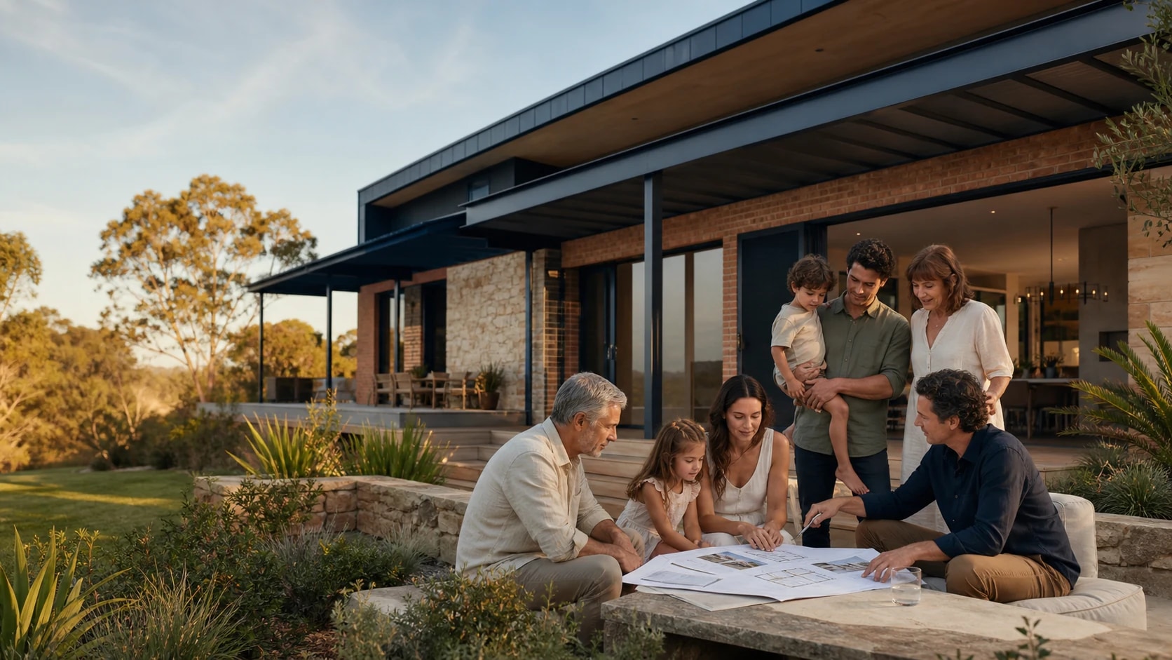 Fictional Australian family and architect reviewing plans