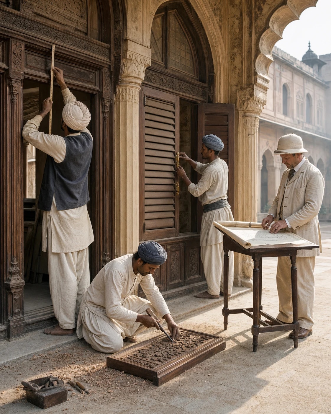 Imagined British-era craftspeople restoring a shopfront
